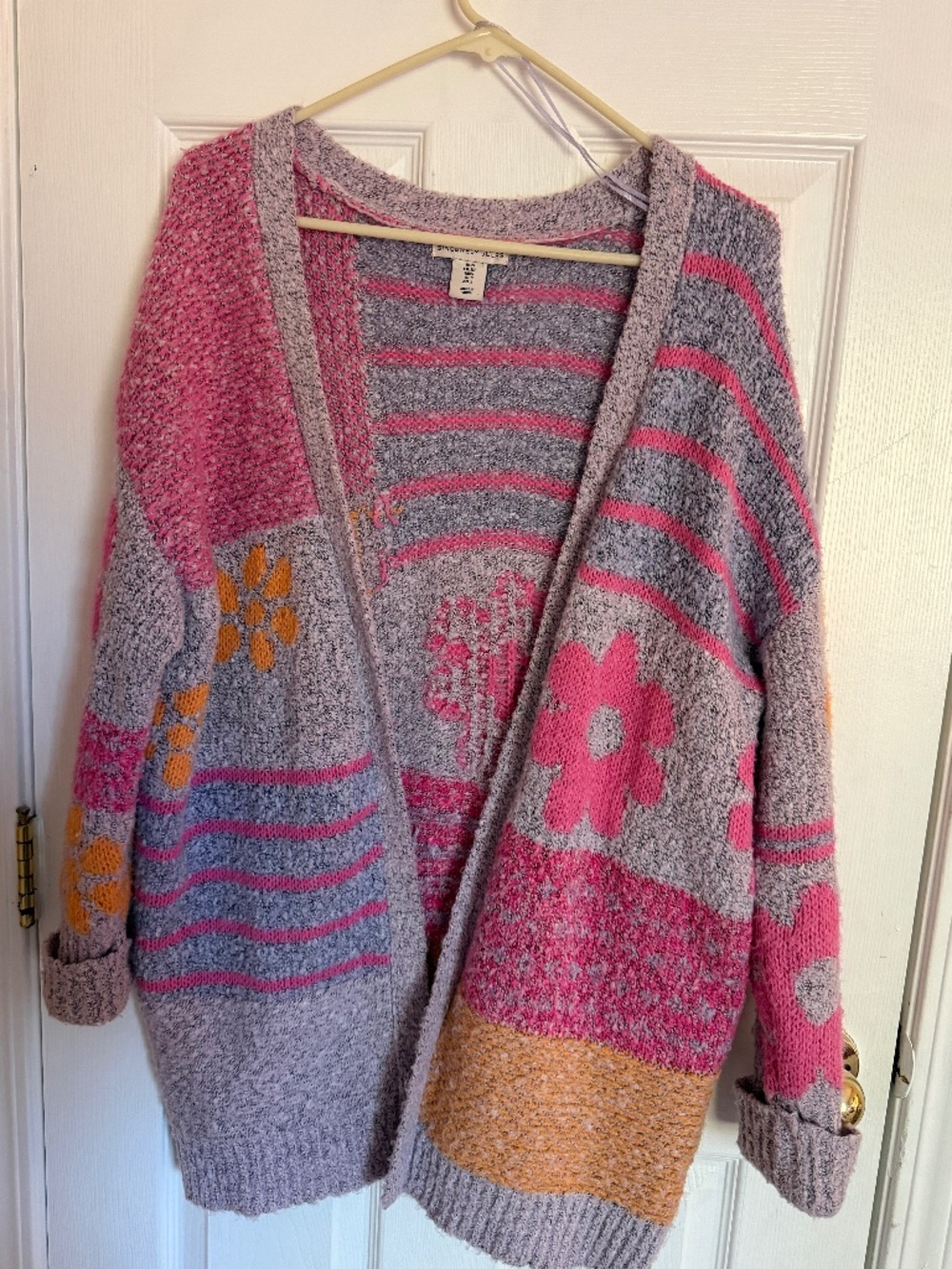 Floral and striped knit cardigan size s bold pink and purple